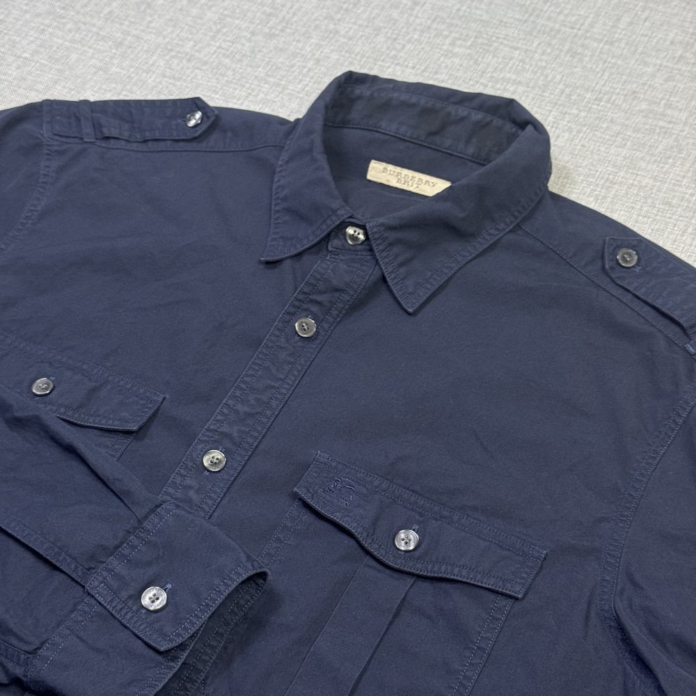 Burberry Brit Military Button Shirt Men M Blue Cotton Double Pockets Long Sleeve
